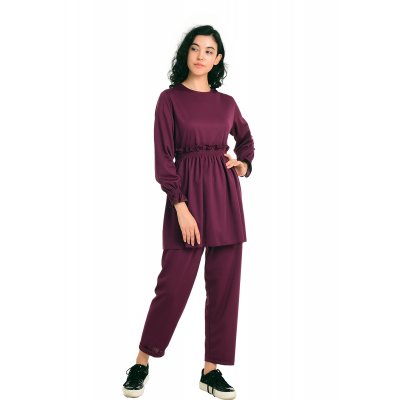 Bordo Renk  Yeni Büzgülü Tunik Takım G1082-4
