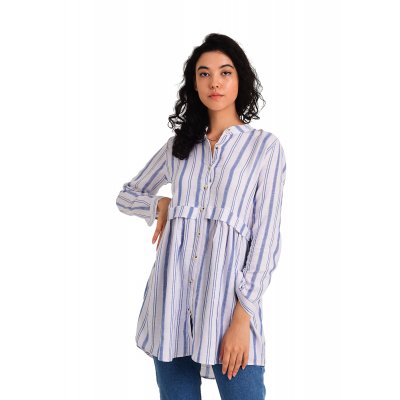 Fırfırlı Mavi Çizgili Tunik Gömlek G1009-2