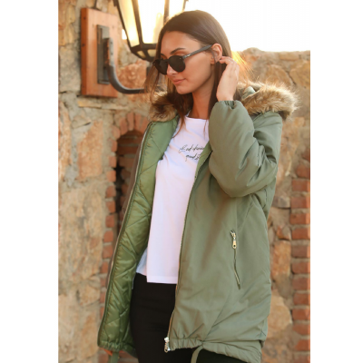 Kapüşonlu Fermuarlı Haki Kadın mont G1083