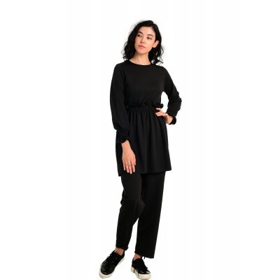 Siyah Büzgülü Pantolonlu Tunik Takım G1082-3
